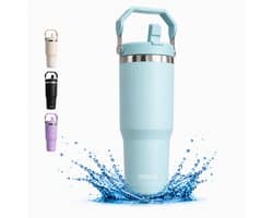 Drinkfles - Thermosfles 800 ml - 100% Lekvrij - Waterfles Met Rietje - Dubbelwandig RVS - Thermosbeker - Thermoskan To Go - Drinkbus - Sportfles - Schoolbeker Back to School - Kinderen - Travel Mug - Blauwgroen - Löwenthal