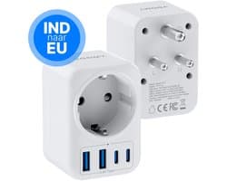 Voomy Reisstekker Type D - 2x Usb-C & 2x Usb-A - Wereldstekker geschikt voor India, Sri Lanka, Pakistan, Nepal - Wit