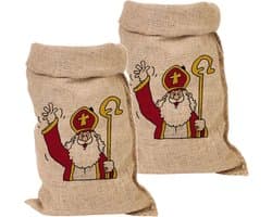 Jute Sinterklaas cadeau zak groot - Set van 2x stuks - 50 x 80 cm - Sint feestartikelen jute kadozakken