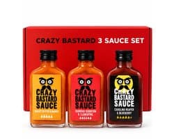 Crazy Bastard Hot Sauce Giftset – 3 Superhete Sauzen met Ghost Pepper, Trinidad Scorpion & Carolina Reaper – 3x100ml