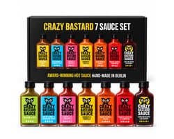 Crazy Bastard 7 Sauce Set – 7 x 100ml – Hot Sauce Gift Set – Pittige Sauzen van Mild tot Extreem Heet – Jalapeño, Habanero, Ghost Pepper, Carolina Reaper – Cadeau voor Pittige Eters & BBQ