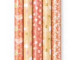 Cadeaupapier Set – Happy Vibes Collection (5 Stuks) – 200×70 cm – Zalm & Roze – Hartjes, Bloemen & Botanische Prints – Inpakpapier