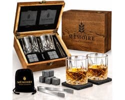 Mémoire Luxe Whiskey Set – 2x Whisky Glazen 250ml, 8 Whiskey Stones, IJstang, Granieten Onderzetters & Houten Geschenkdoos – Whisky Cadeauset – Herbruikbare IJsblokjes