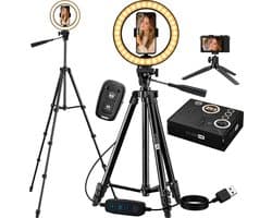 Studio ME Ringlamp met Statief 10 inch - Zwart - Ring Light - 30 Lichtstanden - Incl. Afstandsbediening & Mini Tripod - Ringlight - Ringlampen