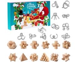 Hersenkraker-adventskalender 2026 – Aftellen naar Kerstmis 24 dagen met 3D-puzzels van metaal en hout; uitdagende spellen voor volwassenen en tieners gericht op IQ - logica en ontwarring – leuk voor de feestdagen.