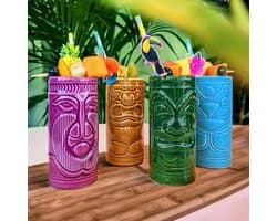 MikaMax Tiki Mugs - Set van 4 Keramische Cocktailbekers met Tiki Designs - Vaatwasserbestendig