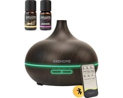 2BEHOME Aroma Diffuser met 2 Etherische Oliën & Afstandsbediening - 550ML - Aroma Diffuser Luchtbevochtiger - Etherische olie diffuser - Essentiele olie Aromadiffusers - Geurverspreider voor Aromatherapie - Donkere Houtlook