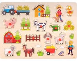 Knop Puzzel Boerderij – Houten Puzzel voor Kinderen – Gemakkelijk Legbaar met Rode Knopjes – Groot Formaat Educatieve Puzzel – Engelhart