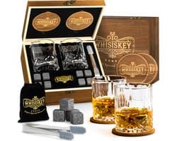 Whisiskey Luxe Whiskey Set - Incl. 2 Whiskey Glazen 300 ml, 8 Whiskey Stones, 2 Onderzetters, Fluwelen Opbergzak, Opbergbox - Whisky Geschenkdoos - Glas - Herbruikbare IJsblokjes