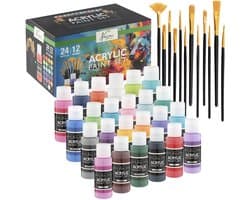 Nassau Fine Art Acrylverf Set 36-delig – Schilderpakket voor Volwassenen en Kinderen – 24 Tubes van 59 ml en 12 Penselen – Meerkleurig
