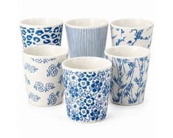 Koffiekopjes Set van 6 – Keramische Koffiemokken 200 ml Zonder Oor – Blauw Wit Stapelbaar – Espresso Kopjes Cappuccino Bekers en Theekopjes