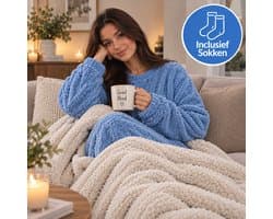 Dames Warme 2-Delige Pyjama Set - Fluwelen Ribstof Fleece Pullover & Broek - Comfortabele Thuisoutfit voor Herfst & Winter - Onze Size - Blauw - Inclusief Sokken