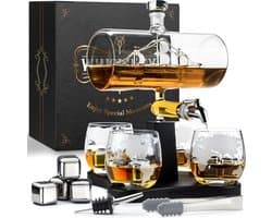 Whisiskey Whiskey Karaf - Luxe Whisky Karaf Set Zeilschip - 1,1L - Decanteer Karaf - Zeilboot - Whiskey Set - Incl. 4 Whiskey Stones, Schenktuit, tap & 4 Whiskey Glazen - Peaky Blinders