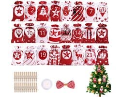 24 stuks Kerstmis aftelkoffer met trekkoord voor kerstdecoratie, doe-het-zelf kersttraktatie- en goodiebags Adventskalender Jute tasset voor het vullen van de feestdagenaftelling