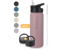 CoolFule Drinkfles - Roze waterfles met rietje - 500 ml - dubbelwandig
