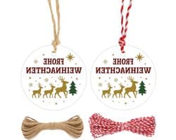 5.5cm Merry Christmas Papieren Cadeaulabels: 100 Stuks Witte Decoratieve Hangers met Hert en Dennenboom voor Kerstversiering en Cadeausluiting