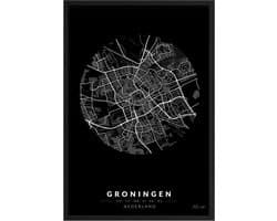 Poster Stad Groningen Zwart - A4 - 21 x 30 cm - Inclusief lijst (Zwart Aluminium)  Stadsposter - Plaatsnaam poster - Stadskaart - Plattegrond Groningen Zwart Wit