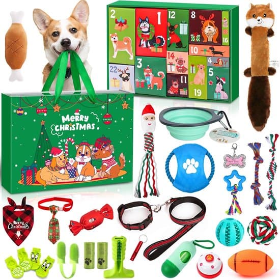 Adventskalender voor honden 2026 - kerstkalender, 24 hondenspeeltjes, hondenhalsband, kerstcadeau voor hondenliefhebbers, herbruikbare adventskalender (groen)