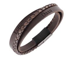 Mbrace XXXL Herenarmband Leer Bruin met Gratis Gravering – Gepersonaliseerde armband met Namen of Tekst – Polsomvang 22 cm – Lengte: 24 cm