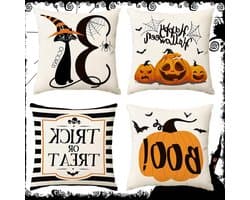 Set van 4 Halloween Kussenslopen, Decoratieve Kussens voor Feestdagen, Pompoen Motief, 45 x 45 cm, Katoen en Linnen