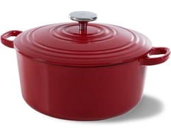 BK Bourgogne Braadpan Gietijzer 28cm/6.7l - inductie braadpan - gietijzeren braadpan - ovenbestendig tot 230 graden - deksel met druipringen - wit geëmailleerde binnenkant - Chili Red