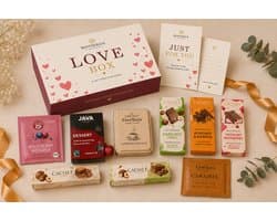 Luxe romantische cadeaubox – Belgische chocolade, koffie, thee & lekkernijen – Gepersonaliseerde wenskaart – Moodbox Gifts – Love Box Select
