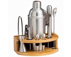 Cocktailset - 12 Delig - Cocktail Shaker - Maatbeker - Kelnersmes - Strainer - Stamper - Luxe Set - Bamboe Standaard - RVS