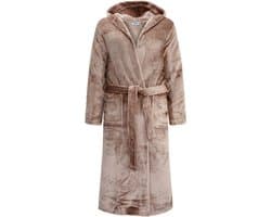 Unisex Badjas Extra Lang met Capuchon en Ceintuur - Ochtendjas - Superzacht Coral Fleece - Heren Dames - Sand Beige - Maat L/XL - 8210-Sand