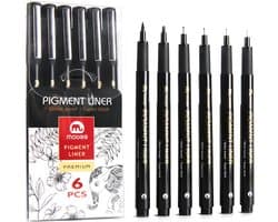 MOBEE - Fineliners - Zwart - 5 stuks + 1 Brushpen - Vervanging van Sakura - Watervast - Pigment Liner - Super Inkt - Tekenen - Schrijven - Handlettering - Schetsen - Kalligrafie - Fineliner Set