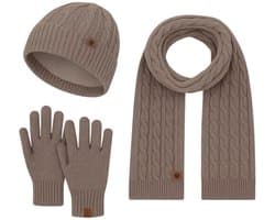 Ultiluxe® Winterset voor heren en dames - Muts, sjaal en handschoenen - Bruin - Voor volwassenen - Warm gevoerde beanie - Lange sjaal - Unisex - Winteraccessoire setje - Tegen kou en wind - Voor mannen en vrouwen